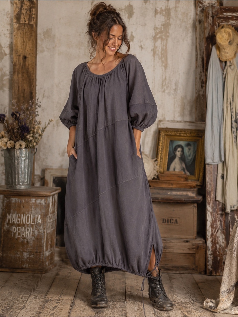NEW Zara Midi Dress Sz M Puff Sleeve Combination Drawstring Loganlook Oversized